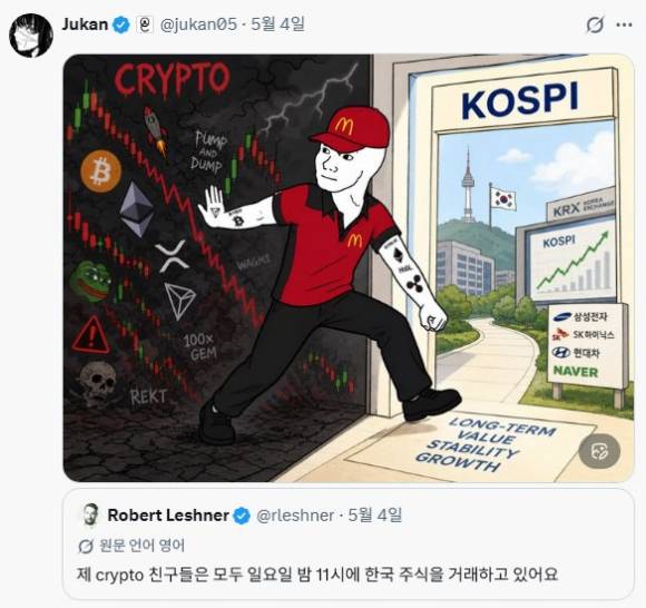 해외 SNS에 한국 주식 관련 밈이 인기를 끌었다. [사진=엑스 캡처 @Jukan, @Robert Leshner]