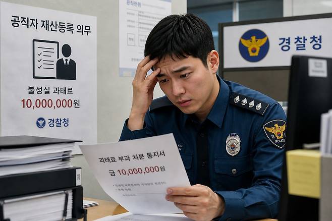 경찰은 공직자윤리법에 따라 경사 계급 이상 재산등록 의무가 있다. 올해 재산등록 불성실 등으로 과태료 부과 대상자가 된 숫자가 지난해에 비해 28배 급증했다. 실무자인 경사 계급의 젊은 경찰관이 재산등록 의무 위반으로 과태료 처분을 받아 곤란해하는 모습을 생성형 AI로 제작한 사진. 챗GPT