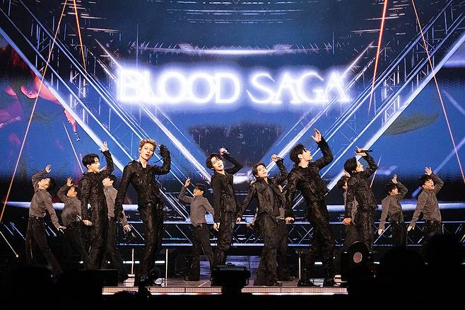 Boy band Enhypen performs during a concert for its “Blood Saga” world tour at KSPO Dome in southern Seoul on May 1. [BELIFT LAB]