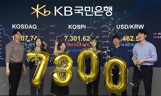 코스피가 7300포인트를 돌파한 6일 서울 여의도 KB국민은행 딜링룸에서 직원들이 축하 세리머니를 하고 있다. KB국민은행 제공