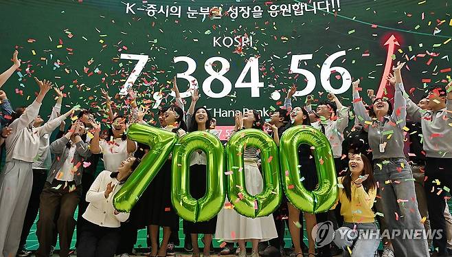코스피 7,380대 종가 마감 (서울=연합뉴스) 류영석 기자 = 코스피가 전장보다 447.57포인트(6.45%) 오른 7,384.56으로 마감하며 종가 기준 역대 최고치를 경신한 6일 오후 서울 중구 하나은행 딜링룸에서 직원들이 축하 세리머니를 하고 있다. 2026.5.6 [공동취재] ondol@yna.co.kr