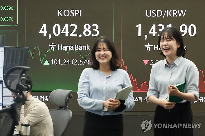 4,000 돌파하며 새 역사 쓴 코스피 (서울=연합뉴스) 서대연 기자 = 코스피가 사상 처음으로 4,000선을 돌파한 27일 서울 중구 하나은행 본점 딜링룸 현황판에 코스피가 표시돼 있다. 
    이날 코스피는 전장보다 101.24p(2.57%) 오른 4,042.83으로 장을 마쳤다. 2025.10.27 dwise@yna.co.kr