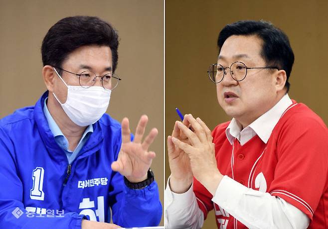 2022년 5월 9일 지역정책포럼 주최, 중도일보 주관으로 열린 대전시장 후보 초청 정책토론회에 참석한 더불어민주당 허태정·국민의힘 이장우 예비후보. 사진=이성희 기자