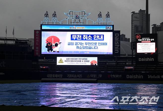 7일 수원KT위즈파크에서 열릴 예정이던 롯데와 KT의 경기가 우천으로 취소됐다. 전광판에 경기 취소에 대한 안내가 나타나고 있다. 수원=허상욱 기자wook@sportschosun.com/2026.05.07/