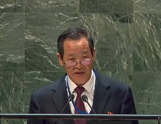 유엔총회에서 발언하는 김성 주유엔 북한대사./유엔웹티비 캡처