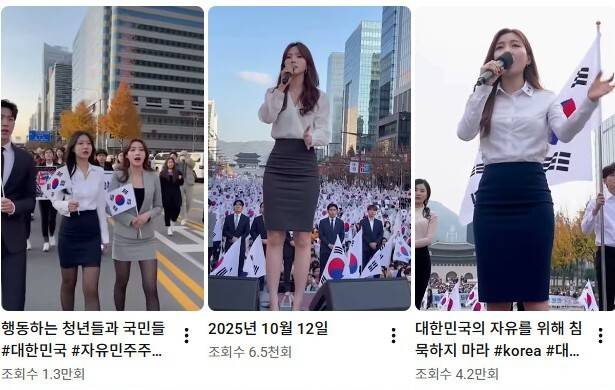 윤 어게인 실제 집회 현장에 짧은 치마를 입고 태극기를 들고 있는 여성의 이미지를 합성한 보수 유튜브 채널. 유튜브 갈무리