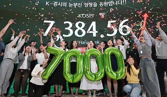 코스피가 종가 기준 사상 처음 7000선을 돌파한 6일 서울 중구 하나은행 딜링룸에서 직원들이 축하 세레머니를 하고 있다. 이날 코스피는 전장보다 447.57포인트(6.45%) 오른 7384.56에 장을 마쳤다. 김경록 기자