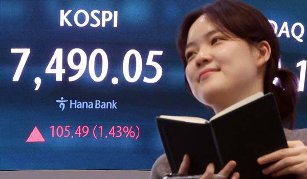 코스피 또 신고가- 지난 6일 코스피가 7000을 돌파한 데 이어 7일 또다시 전장 대비 105.49포인트(1.43%) 상승한 7490.05로 마감하며 기록을 경신했다. 이날 오후 서울 중구 하나은행 본점 딜링룸 현황판에 지수가 표시돼 있다. 연합뉴스