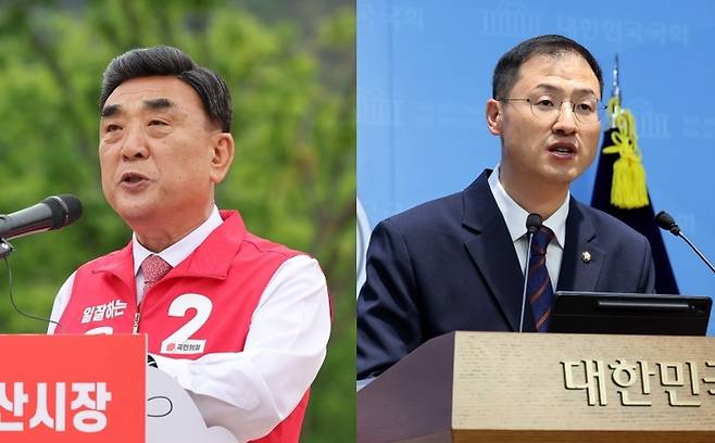 김두겸 후보와 김상욱 후보가 울산시장 선거 출마 입장을 밝히고 있다. [연합뉴스]