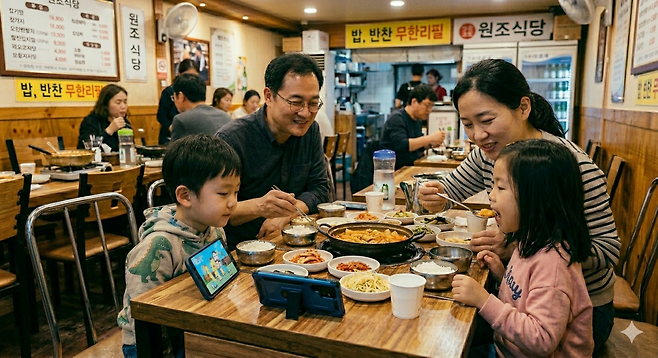 일가족이 식당에서 밥을 먹는 모습. 기사 이해를 돕기 위해 생성형 인공지능(AI) ‘제미나이’로 생성한 이미지