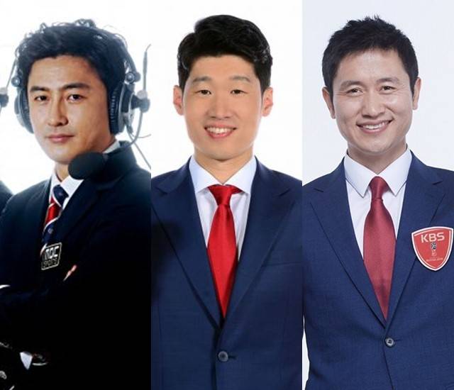 2018 러시아월드컵 당시 지상파 3사 중계 해설진(안정환 박지성 이영표, 왼쪽부터). 2026 북중미월드컵에서는 이영표가 KBS, 박지성이 JTBC 중계 해설을 맡는다. /MBC, SBS, KBS 제공