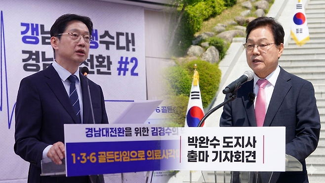 김경수 더불어민주당 경남지사 후보와 박완수 국민의 힘 경남지사 후보. [각 선대위]