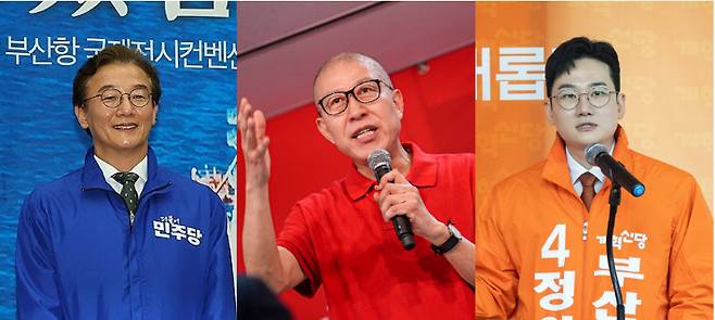 부산시장 선거에 출마한 전재수 더불어민주당 후보(왼쪽), 박형준 국민의힘 후보(가운데), 정이한 개혁신당 후보. 연합뉴스·각 캠프