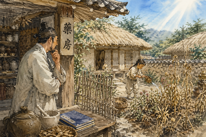 옛날 한 의원이 한여름에 병든 아이가 마른 꽃과 나무에 물을 주는 모습을 보고서 육미지황탕을 처방해서 치료했다. 육미지황탕(환)은 소아의 진액부족으로 인한 허열(虛熱)을 치료하는 처방으로 만들어졌지만, 요즘에는 연령과 상관없이 신음(腎陰) 부족을 치료하는 대표적인 보음제로 쓰인다. 챗GPT에 의한 AI생성 이미지.