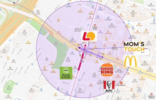 천호역 반경 360m 내 햄버거 프랜차이즈별 위치. 네이버 지도 캡처·각 사 로고 제공