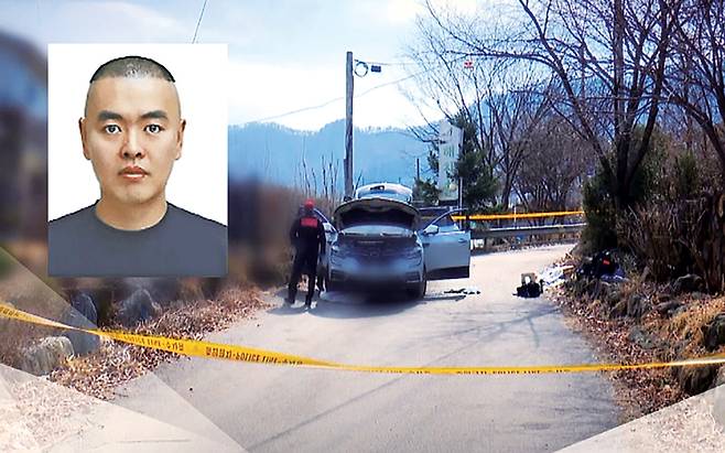 사건 현장인 경기도 남양주시 오남읍의 길거리(YTN 방송화면 캡처). 왼쪽은 신상 공개된 피의자 김훈 ⓒ경기북부경찰서 제공