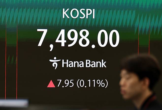 코스피가 장 후반 상승 전환해 7500선 턱밑에서 장을 마치며 또 사상 최고치를 경신한 8일 서울 하나은행 본점 딜링룸에서 딜러들이 업무를 보고 있다. [연합]