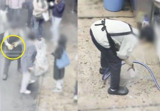 쓰레기통에 버려진 음료 컵 속 얼음을 재사용한 사실이 적발돼 논란이 됐던 서울 광장시장의 한 식당이 영업정지 없이 과태료 150만원 처분만 받을 것으로 알려지면서 '솜방망이'라는 비판이 나오고 있다. 쓰레기통에 버려진 얼음컵을 꺼내 씻는 모습. 사진 JTBC 사건반장 캡처