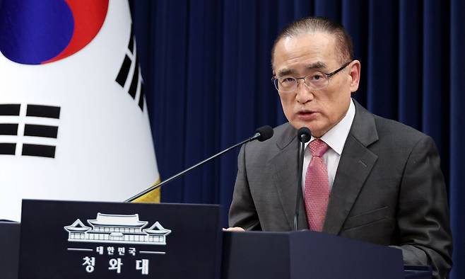 위성락 국가안보실장이 11일 청와대에서 호르무즈 해협에서 피격당한 HMM 나무호 관련 기자간담회를 하고 있다. 연합뉴스