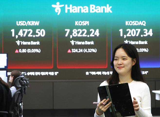 코스피가 11일 4% 넘게 급등해 사상 최초로 7,800대로 마감한 11일 서울 중구 하나은행 본점 딜링룸 현황판에 코스피 등이 표시되고 있다. /사진=연합뉴스