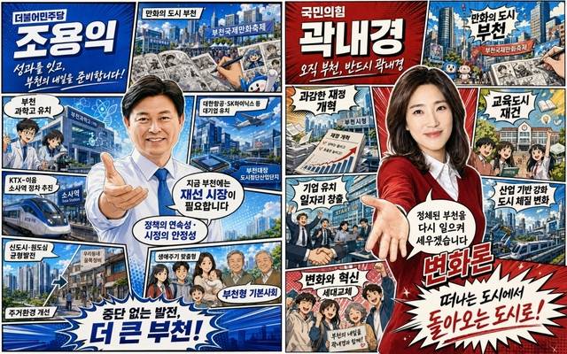 부천은 만화의 도시다. 펜 끝에서 시작된 상상은 한국만화박물관과 웹툰융합센터를 중심으로 도시의 산업과 문화로 성장했다. 인공지능(AI)이 만든 이미지 속 부천시장 후보들은 만화 속 주인공의 모습으로 등장했다. 부천의 다음 컷을 누가 그려낼지 이제 시민의 선택만 남았다. 챗GPT생성 이미지. 조주현기자