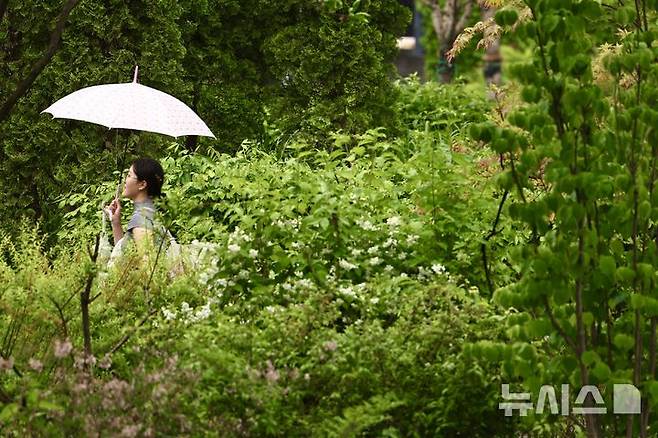 [서울=뉴시스] 김명년 기자 = 비가 내린 11일 오후 서울 종로구 광화문광장에서 시민이 우산을 쓰고 이동하고 있다. 2026.05.11. kmn@newsis.com
