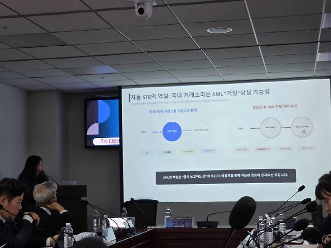 한서희 법무법인 광장 변호사가 12일 서울 영등포구 국회의원회관에서 열린 ‘미국의 스테이블코인 AML(자금세탁방지) 규율체계와 한국 특정금융정보법 정비 과제’ 간담회에서 발표를 하고 있다. (사진=서민지 기자)