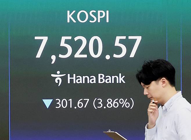 12일 코스피 지수는 상승 출발해 7999포인트까지 올랐지만, 오전 중 하락 전환해 7420선까지 밀리기도 했다. 서울 중구 하나은행 딜링룸 모습./뉴스1