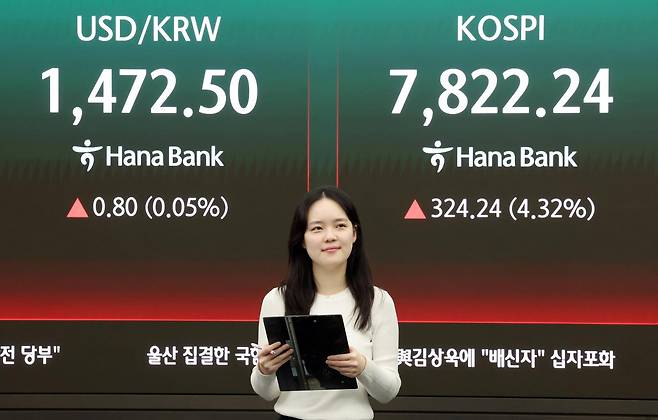 코스피가 사상 최고치를 경신한 11일 오후 서울 중구 하나은행 딜링룸에 코스피 지수가 324.24포인트(4.32%) 상승한 7822.24를 나타내고 있다.  2026.5.11 ⓒ 뉴스1