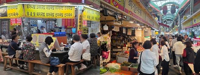 10일 구포시장 모습. 한동훈 후보 지지자들이 한 후보 개소식을 앞두고 구포시장을 찾아 식사를 하고, 장을 보고 있다. /사진=이정우 기자
