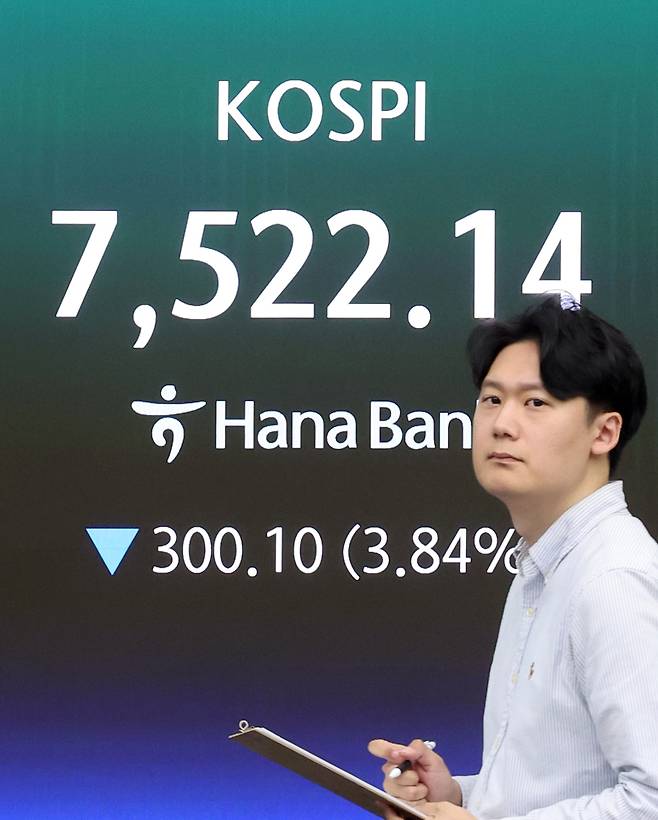 코스피가 장중 7500선대로 밀린 12일 오전 서울 중구 하나은행 딜링룸 전광판에 코스피 지수가 표시돼 있다. 뉴스1