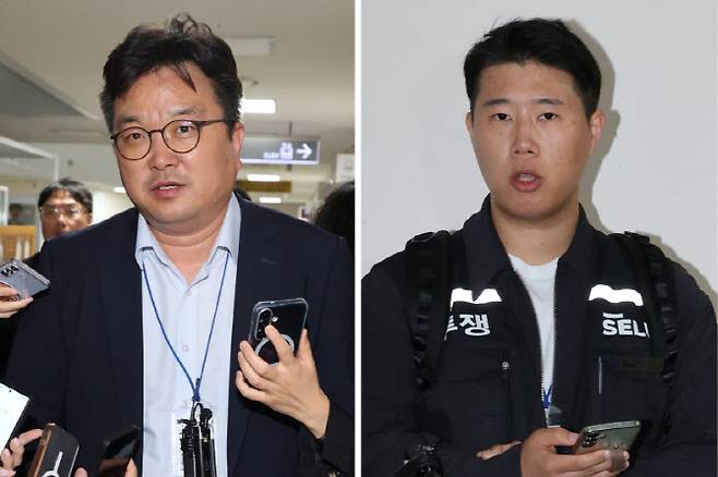 삼성전자 대표교섭위원인 김형로 부사장(왼쪽)과 최승호 초기업노조 삼성전자지부 위원장(오른쪽)이 13일 새벽 세종시 정부세종청사 중앙노동위원회에서 2026년 임금협약 체결을 위한 2차 사후조정이 결렬된 후 협상장을 각각 떠나며 취재진의 질문에 답하고 있다. (사진=연합뉴스)