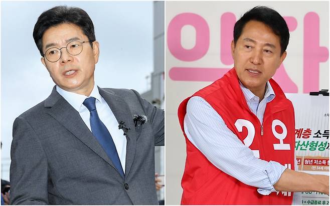 정원오(왼쪽) 더불어민주당 서울시장 후보와 오세훈 국민의힘 서울시장 후보가 12일 각각 공약을 발표하고 있다. /뉴시스·연합뉴스
