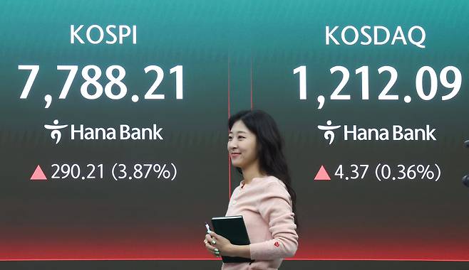 11일 오전 서울 중구 하나은행 본점 딜링룸 전광판에 코스피 지수 등이 표시되고 있다. /뉴스1