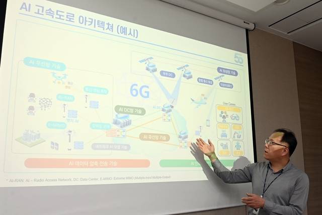 정태식 ETRI 네트워크연구본부장이 AI 고속도로 아키텍쳐에 관해 설명하고 있다. ETRI 제공.