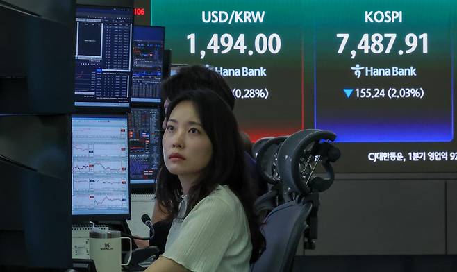(서울=뉴스1) 이종수 인턴기자 = 코스피가 장 초반 7500선 아래로 밀린 13일 서울 중구 하나은행 딜링룸 전광판에 코스피 지수, 원·달러 환율이 표시돼 있다. 이날 코스피는 전 거래일 대비 129.50포인트 하락한 7513.65로 출발했다. 2026.5.13/뉴스1