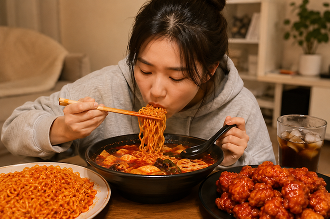 매운 음식을 즐기는 한국인의 모습을 AI로 생성한 이미지. [챗GPT]