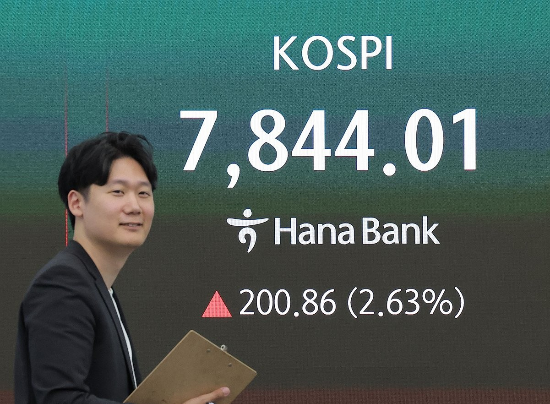 코스피가 전장보다 200.86p(2.63%) 오른 7,844.01 로 마감하며 종가 기준 사상 최고치를 경신한 13일 오후 서울 중구 하나은행 딜링룸에서 딜러가 업무를 보고 있다. (연합뉴스)
