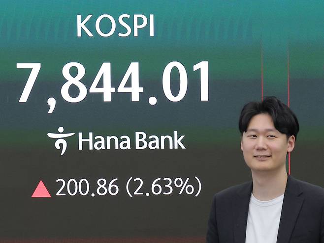 코스피가 전장보다 2.63% 오른 7844.01 로 마감하며 종가 기준 사상 최고치를 경신한 13일 오후 서울 중구 하나은행 딜링룸에서 딜러가 업무를 보고 있다. [연합]