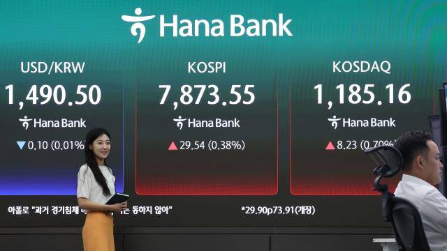 14일 서울 중구 하나은행 본점 딜링룸 현황판에 원·달러 환율, 코스피, 코스닥 지수가 표시돼 있다. [사진=연합뉴스]