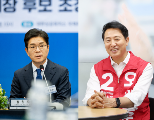 왼쪽부터 정원오 더불어민주당 서울시장 후보가 14일 오전 10시 대한상공회의소에서 열린 서울시장 후보 초청 편집인협회 포럼에 참석한 모습, 오세훈 국민의힘 서울시장 후보가 오전 11시 서울 종로구 대왕빌딩에서 유승민 전 국회의원 접견한 모습. /정원오·오세훈 캠프
