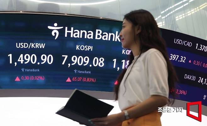 코스피 지수가 8000을 앞두고 숨고르기에 들어간 가운데 14일 서울 중구 하나은행 본점 딜링룸에서 직원이 증시와 환율 등을 모니터하고 있다. 이날 코스피는 전 거래일 대비29.90p(0.38%) 오른 7,873.91에, 코스닥은 0.09p(0.86%) 오른 1,187.02로, 원/달러 환율은 전날보다 0.8원 내린 1,489.8원에 장을 시작했다.2026.5.14 조용준 기자
