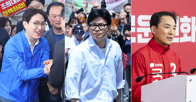 부산 북갑 국회의원 보궐선거 예비후보로서 지난 5월 3일 북구 구포시장 유세에 나선 하정우(왼쪽) 더불어민주당 후보, 5월 4일 구포동 북구선거관리위원회를 찾아 예비후보 등록하는 한동훈(가운데) 무소속 후보, 5일 국민의힘 부산 북갑 후보 경선에서 승리한 뒤 당사에서 입장을 밝히는 박민식(오른쪽) 국민의힘 후보. [연합뉴스 사진 갈무리]