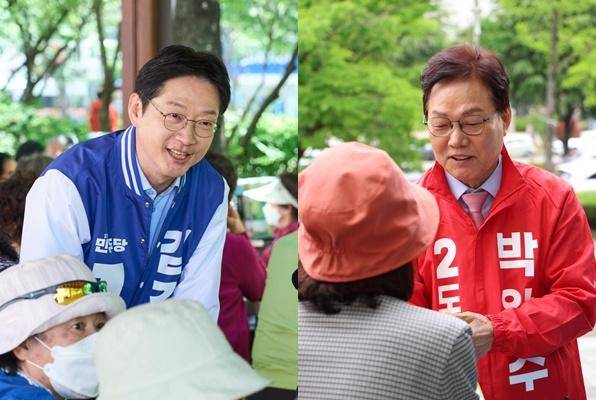 김경수 민주당 후보가 8일 경남 김해에서 열린 어버이날 행사에 참석해 인사하고 있다(왼쪽 사진). 박완수 국민의힘 후보가 4월 한국노총경남지역본부 노동자 문화축제에 참석해 있다. 김경수 후보 캠프 제공·박완수 후보 페이스북 캡처