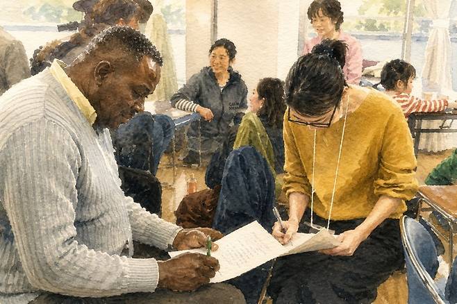 외국인 비율이 높은 지역에서 주민들이 다문화 교류회를 진행하는 모습. 일본 사이타마현 가와구치시 사례를 참고해 생성형 인공지능(AI)으로 제작한 이미지입니다.