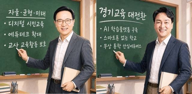 경기도 교육이 갈림길에 섰다. 인공지능(AI)과 에듀테크가 교실 안으로 들어오고 학생 수 감소로 학교의 역할도 달라지고 있다. 변화의 속도가 빨라지는 지금, 경기도교육감 후보들이 AI가 구현한 교단 위에 올랐다. 백년지대계의 출발점인 학교를 어떤 방향으로 이끌 것인가. 경기 교육의 내일을 맡길 선택이 시작됐다. 챗GPT생성 이미지. 조주현기자