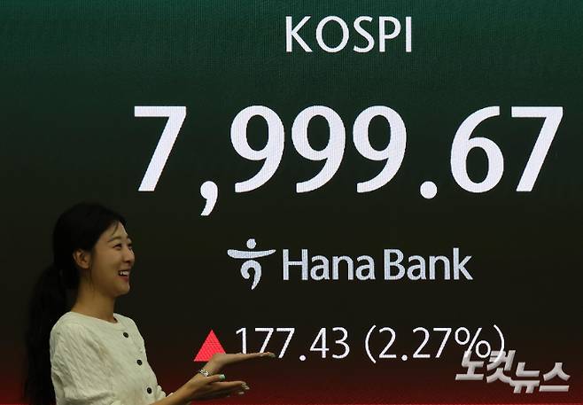 코스피가 사상 최초로 7900선 돌파한 12일 서울 중구 하나은행 딜링룸에 지수가 표시되고 있다. 이날 코스피는 131.17포인트(1.68%) 오른 7953.41로 출발했다. 박종민 기자