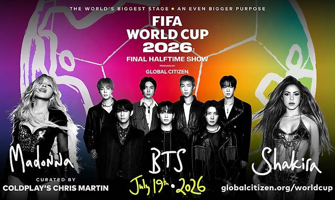 그룹 방탄소년단(BTS)이 월드컵 사상 처음으로 도입되는 결승전 하프타임 쇼에서 팝가수 마돈나, 샤키라와 함께 무대를 선보인다. 글로벌 시티즌 제공