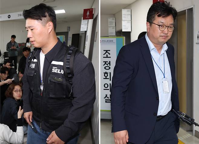 삼성전자 대표교섭위원인 김형로(오른쪽) 부사장과 최승호 초기업노조 삼성전자지부 위원장이 13일 세종 정부세종청사 중앙노동위원회에서 2026년 임금협약 체결을 위한 2차 사후조정이 결렬된 후 협상장을 각각 떠나고 있다. 연합뉴스