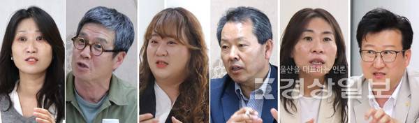 이소정 소설가, 주한경 서양화가, 조은아 울산민예총 청년위원장, 김정호 울산작곡가협회장, 이하영 내드름연희단 대표, 김진완 울산예총 사무처장(왼쪽부터)